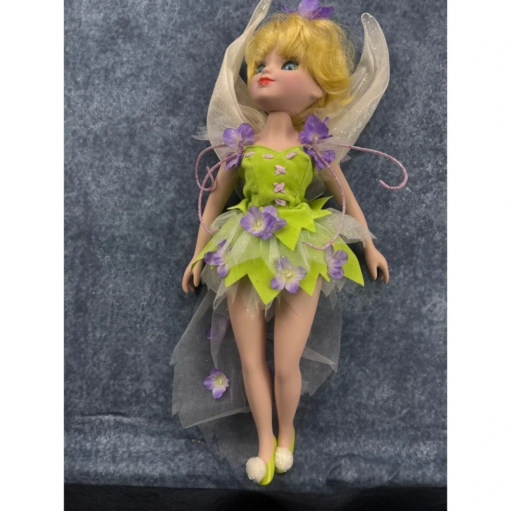 Tinker Bell Inspired Fairy Doll 14 Inch Green Floral Dress Shimmering Wings